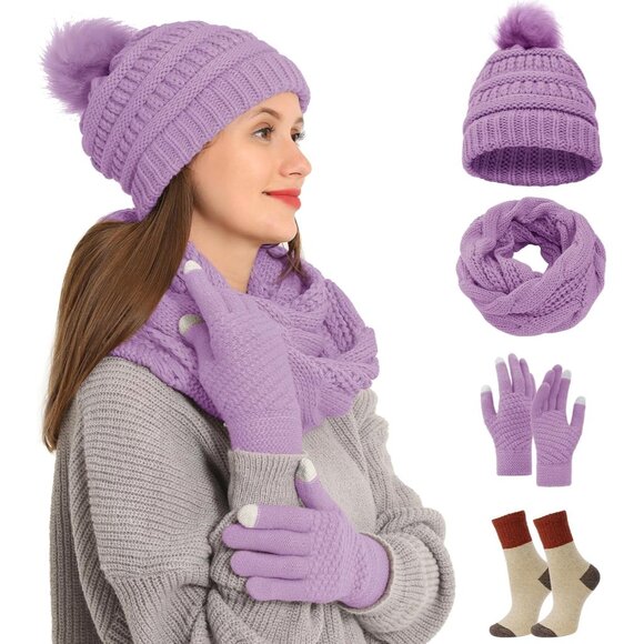 4pcs Winter Beanie Hat Scarf Touch Screen Gloves Warm Knit Socks Set for Women K